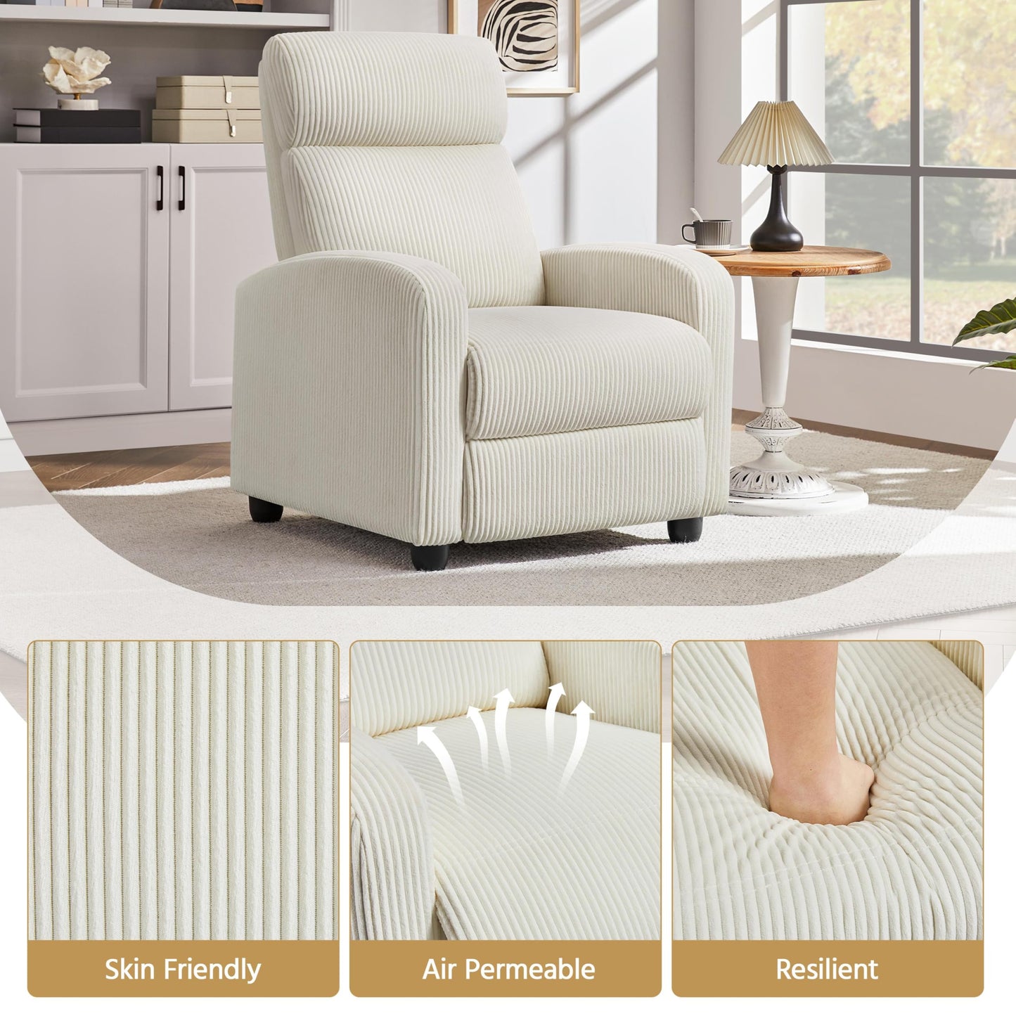 Yaheetech Corduroy Recliner Chair Single Sofa Home Theater Seating Adjustable Modern Reclining Chair for Living Room Bedroom Home Theater Beige