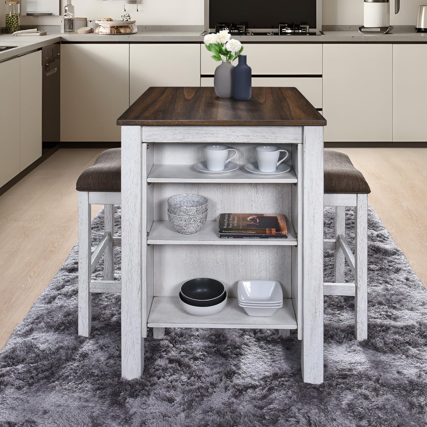 WOODHOMER 3-Piece Wooden Dining Table Set, Kitchen Island with Seating for 2, Kitchen Bar Table with Stools, Counter Height Dining Table Set, Antique Dark Oak & White, Farmhouse Style