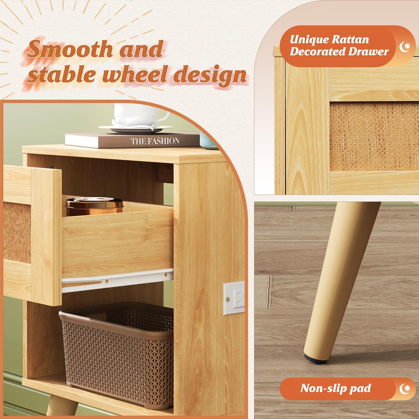 WLIVE Rattan Nightstand with Charging Station, Boho Night Stand, Small Bedroom Side Table, End Table with Drawer and Storage, Wood Bedside Tables for Bedroom, Small Spaces, Natural Oak