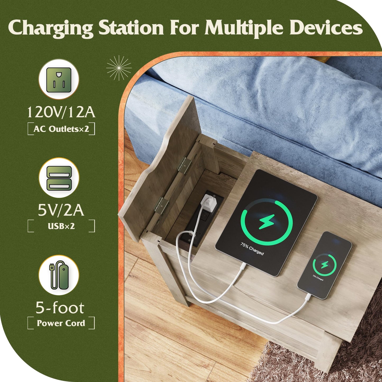 WLIVE Farmhouse End Table with Charging Station, Narrow Side Table for Living Room, Bedroom, Small Nightstand with Storage, USB Ports and Outlets, Small Wooden Cabinet, Greige