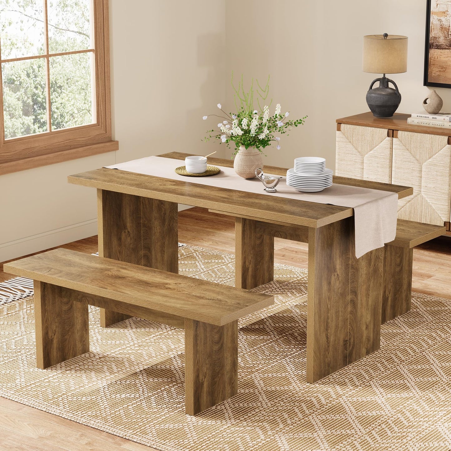 Tribesigns 3 Pieces Dining Table Set with 2 Benches, 55" Farmhouse Kitchen Table Set for 4-6, Rectangular Wooden Heavy Duty Dinette for Kitchen, Dining Room, Brown