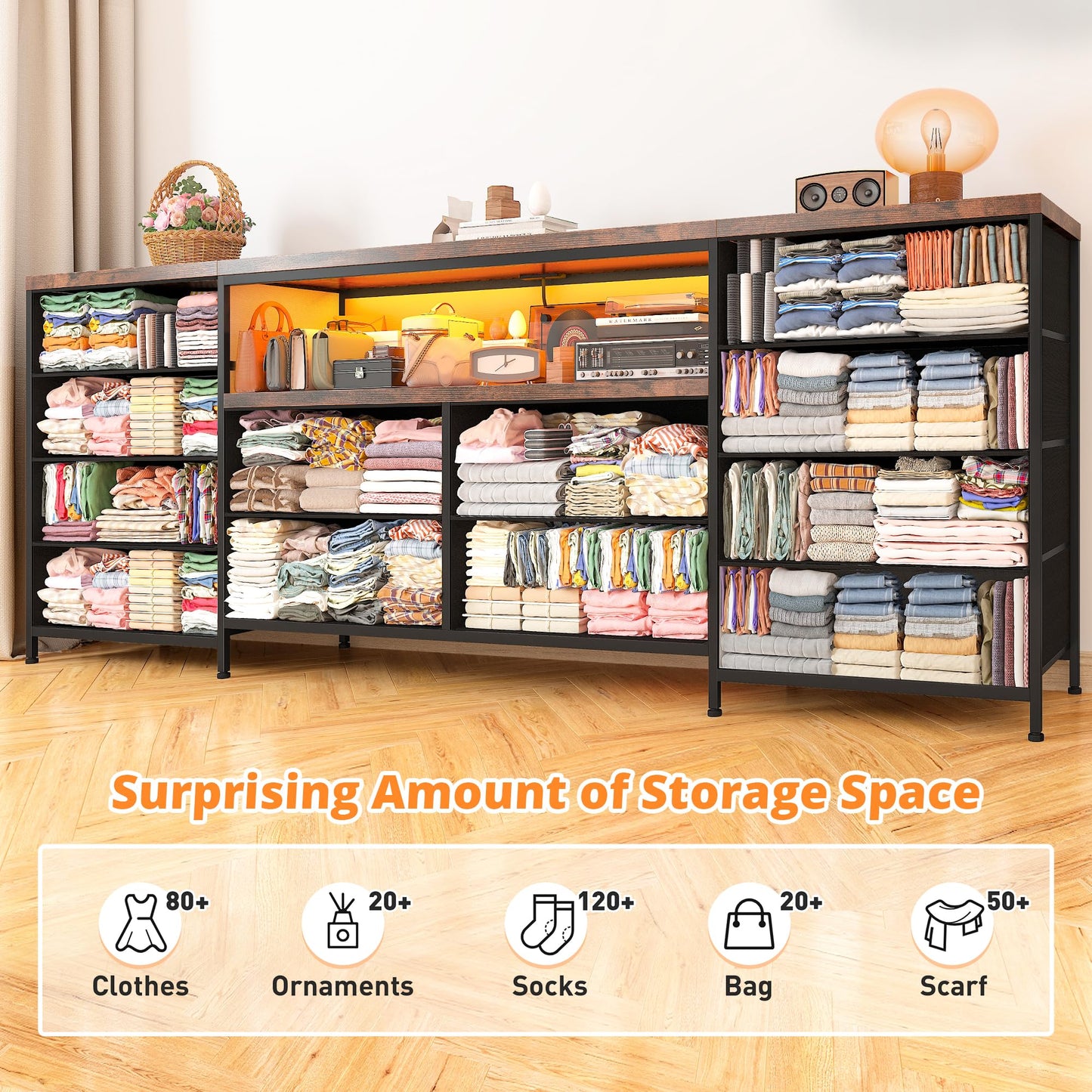 12 Drawer Dresser TV Stand for 65 70 75 Inch TV 63" W Extra Long Dresser for Bedroom with LED Lights & Power Outlets Entertainment Center with Fabric Drawers for Closet, Rustic Brown