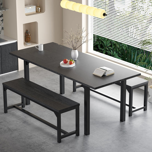 TOLEAD 63 Inch Dining Table Set for 4-8, 3-Piece Extendable Kitchen Table Set with 2 Benches, Metal Frame & Wood Board, Space-Saving Breakfast Dining Room Table Set for Home Kitchen, Black