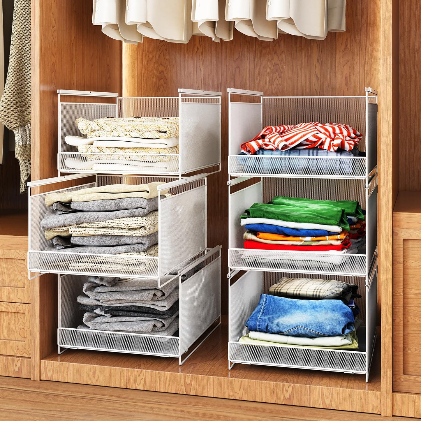 WOCUBEHOME 3-Tier Stackable Metal Closet Organizers and Storage Drawers, Open Front Storage Bins for Wardrobe, RV, Sweater, Jeans, White, 3xM(16.5" D x 12.2" W x 6.6" H)