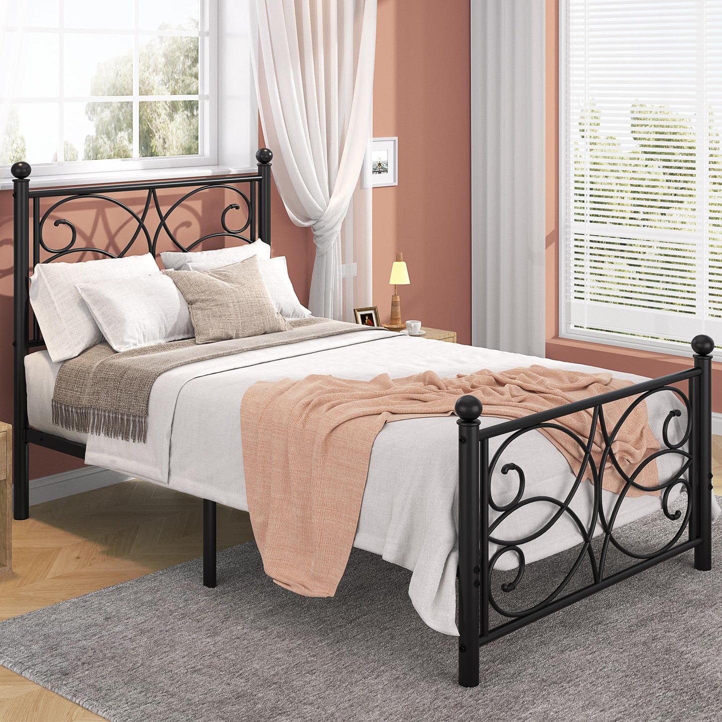 VECELO Twin Size Bed Frame Metal Platform Bed with Headboard and Footboard, Heavy Duty Support, No Box Spring Needed, Easy Assembly, Black