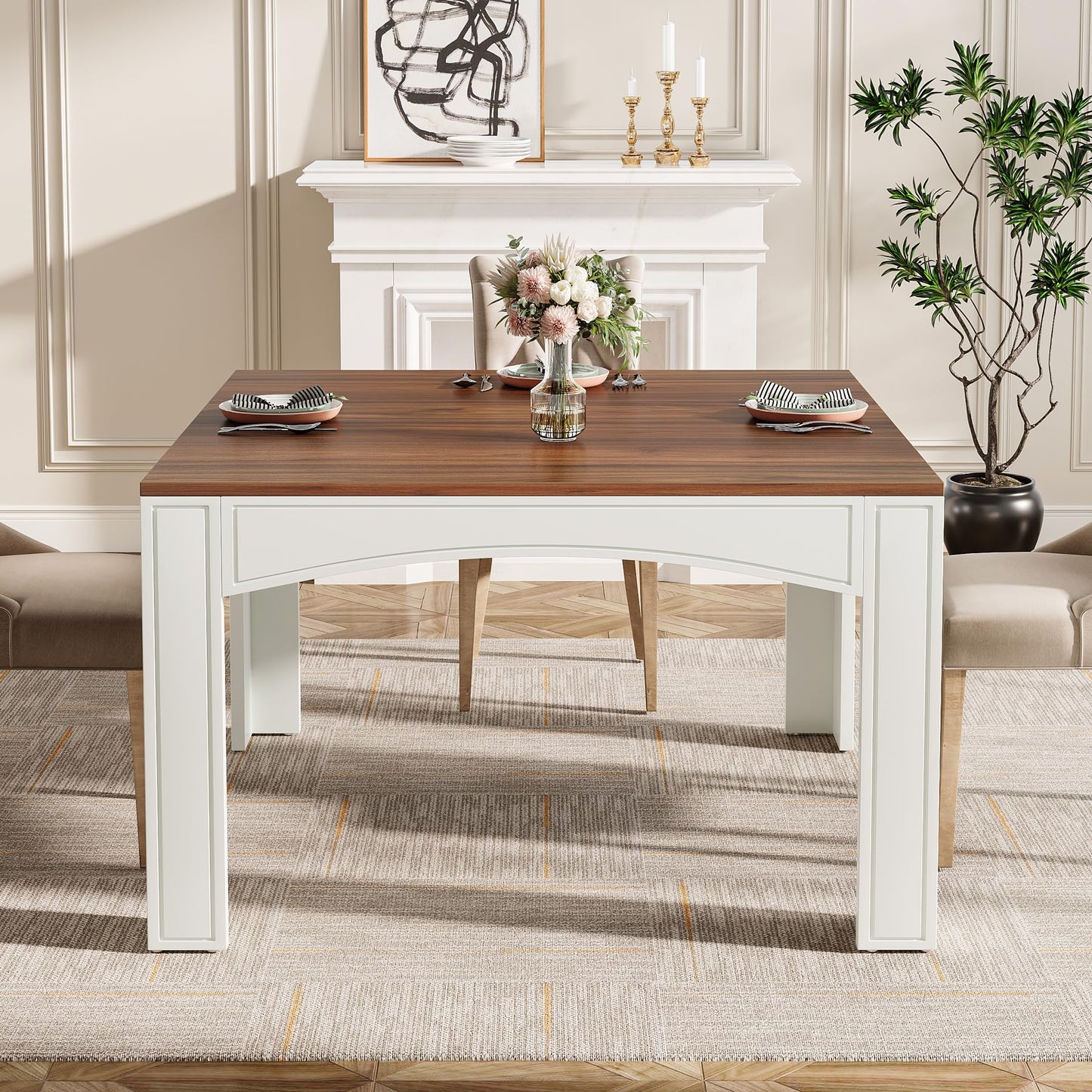 Tribesigns Square Dining Table for 4 Person, 39.4" Farmhouse Wood Kitchen Table Dinner Table for Dining Room, Small Space, Walnut + White