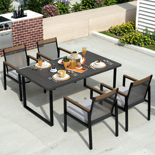 YOEEMZ 5-Piece Patio Dining Table and Chair Sets, Outdoor Metal Dining Furniture Set with Umbrella Hole, Wood Grain Tabletop, 4 Rope Patio Chairs with Faux Wood Armrest & Cushions for Backyard, Deck