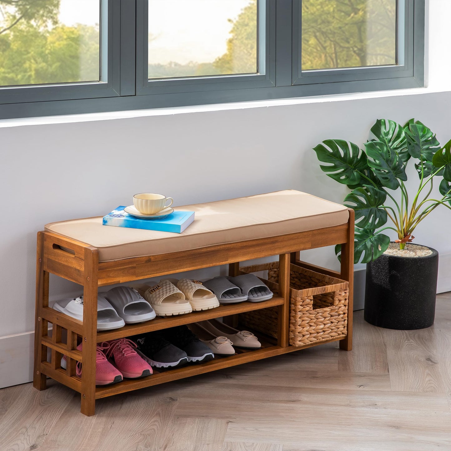 VICTORY RELAX Wooden Shoe Storage with Bench Seat - Natural Acacia Wood Entryway Organizer with Cushioned Top & Easy-Move Handles - Multi-Level Shoe Shelf (39.4 x 11.6X 19.29)