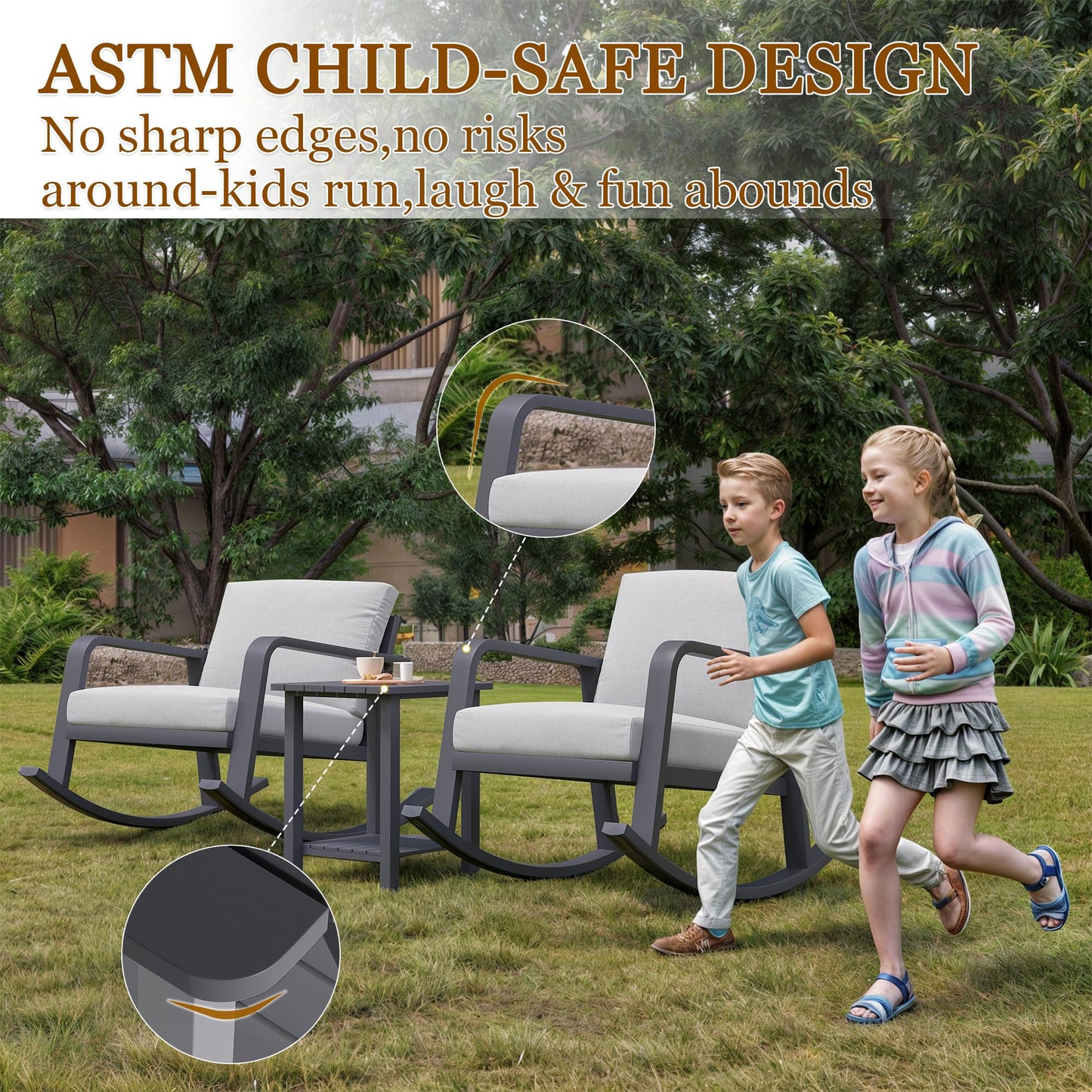 Trenlogne 3 Piece Outdoor Rocking Chairs, Patio Bistro Set with 2 Rockers and 1 Metal Coffee Table, Oversize Aluminum Conversation Set for Garden, Balcony, Backyard