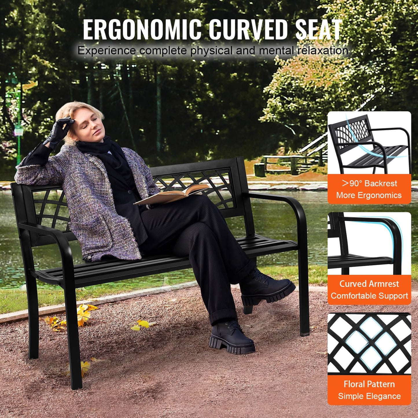 VEVOR Outdoor Bench, 46" Iron Steel Frame Garden Park Bench with Mesh Pattern and Plastic Backrest Armrests, Patio Bench for Garden, Park, Yard, Front Porch