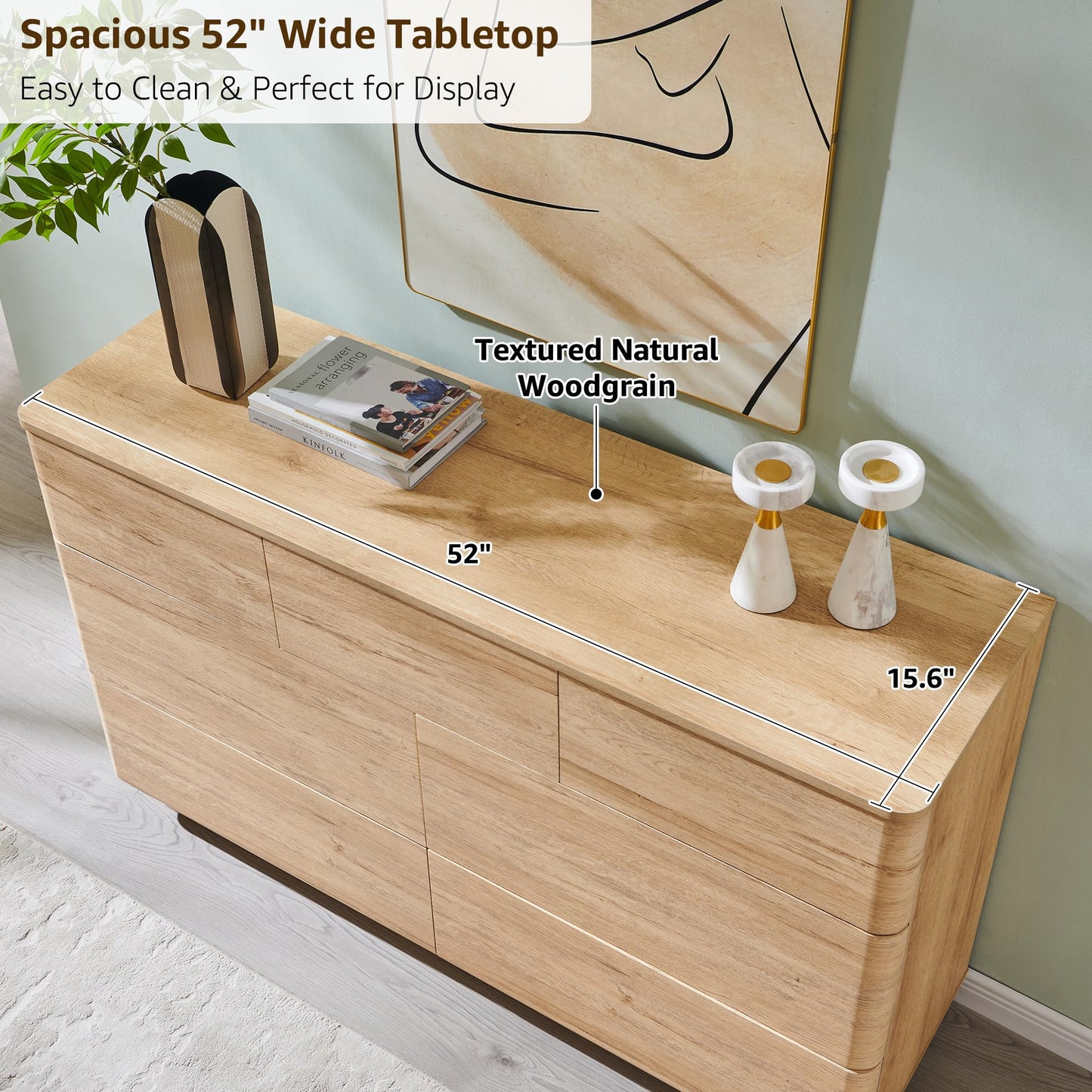 ACCOHOHO Modern 7 Drawer Dresser for Bedroom, 52" Wide Handleless Chest of Drawers, Push-to-Open Large Wood Storage, Dresser TV Stand for Bedroom, Living Room, Hallway, Curved Profile, Natural Oak