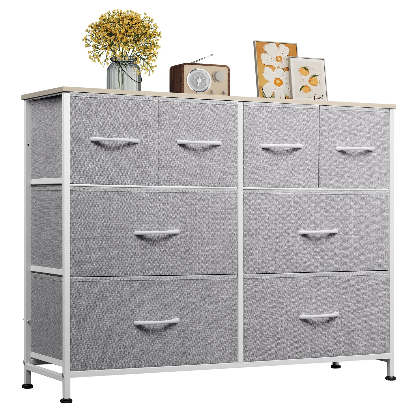 WLIVE 8 Drawer Dresser for Bedroom, Wide Fabric Dresser Storage Organizer, Chest of Drawers with Wood Top, Sturdy Steel Frame, Dressers for Living Room, Closet, Hallway, Light Grey