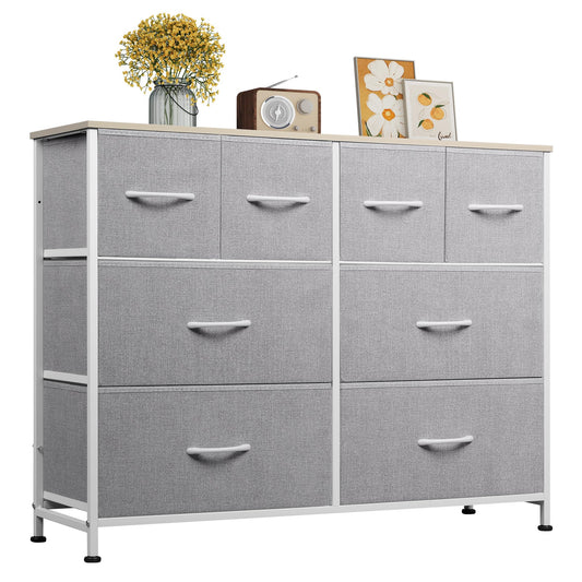 WLIVE 8 Drawer Dresser for Bedroom, Wide Fabric Dresser Storage Organizer, Chest of Drawers with Wood Top, Sturdy Steel Frame, Dressers for Living Room, Closet, Hallway, Light Grey