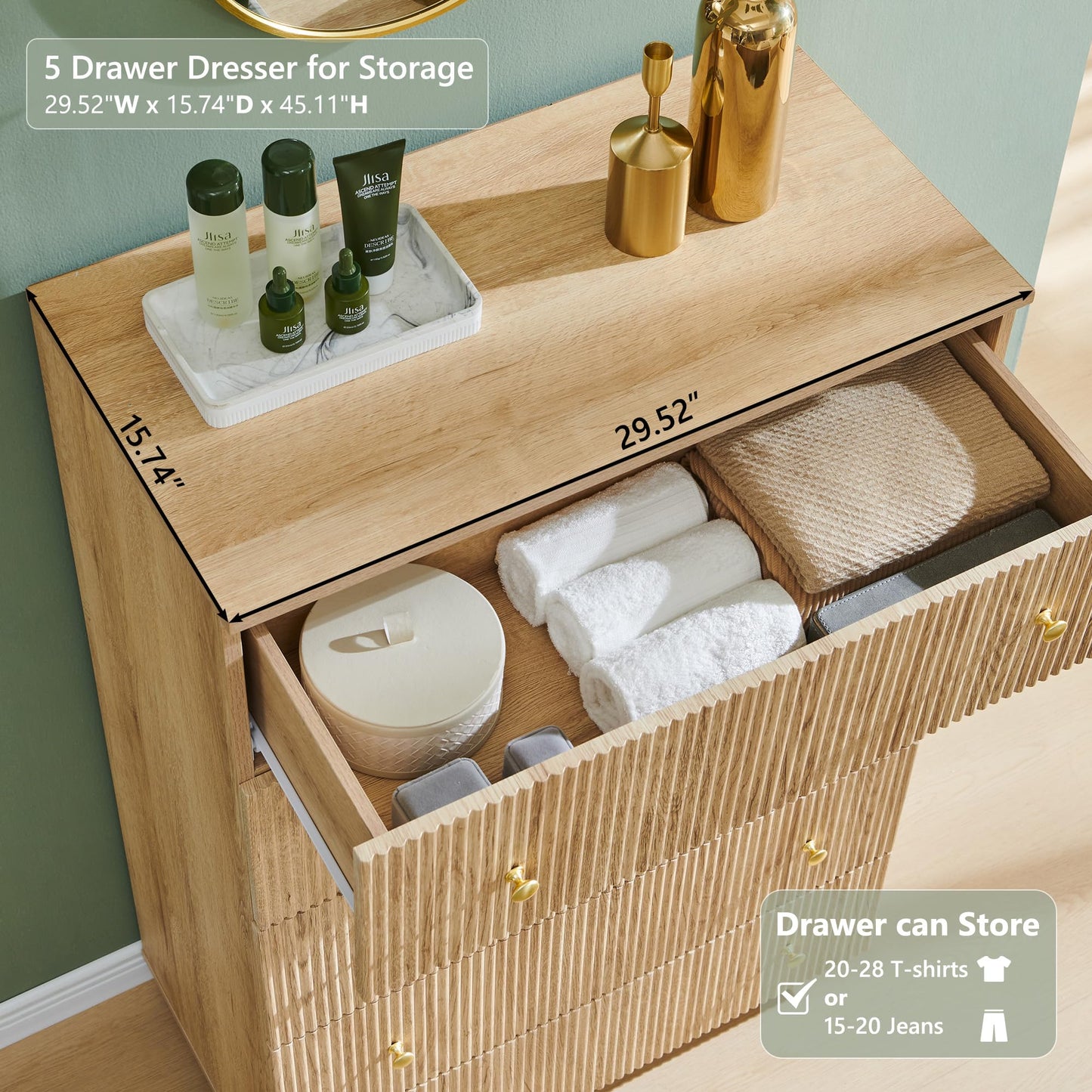 wow97e Fluted Dresser for Bedroom, 5 Drawer Dressers, Wood Tall Dresser Storage Organizer, Chest of Drawers with Deep Storage, Modern Bedroom Chest for Closet Hallway, Entryway, Living Room, Natural