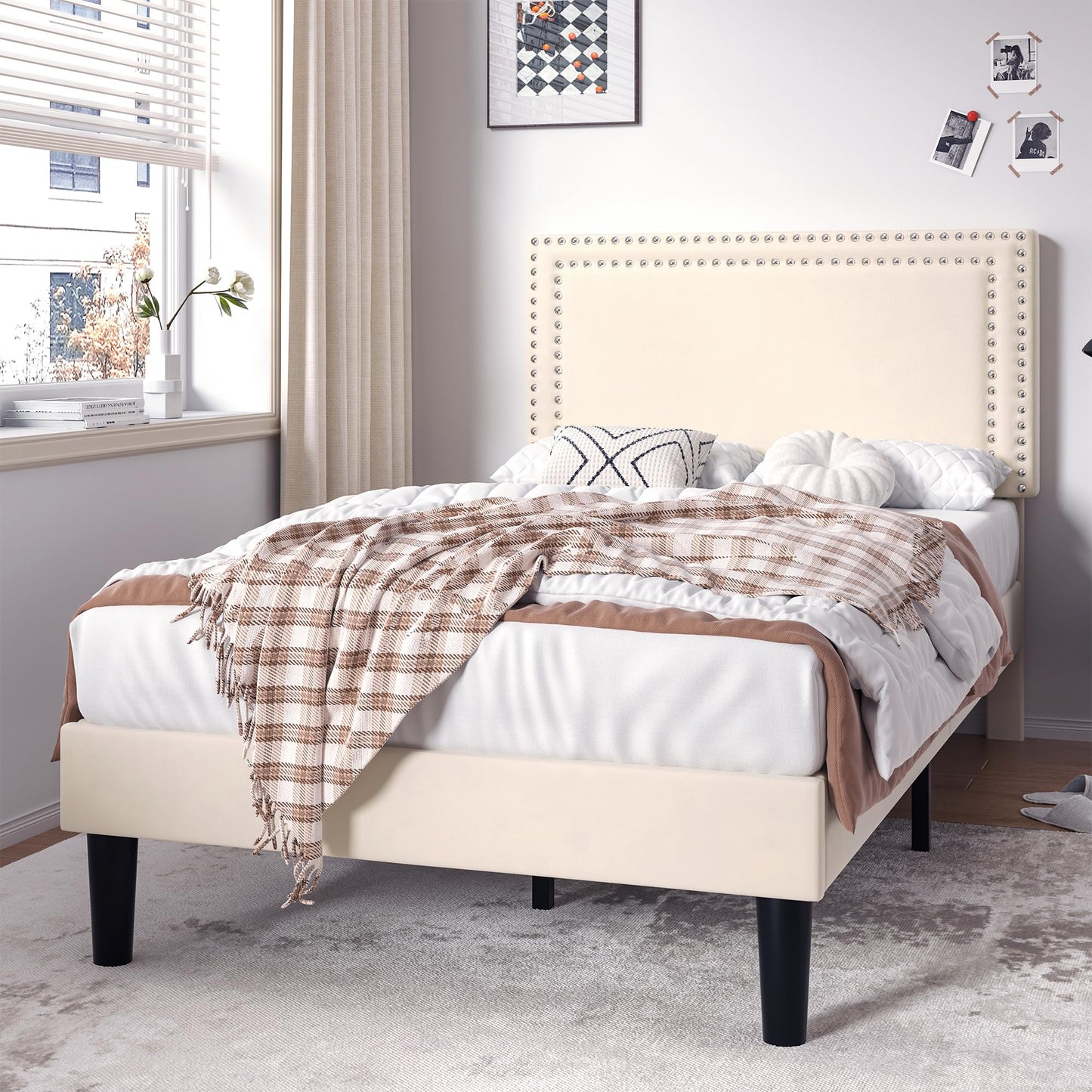 VECELO Twin Size Bed Frame with Adjustable Upholstered Headboard, Strong Wood Slats Platform Support, No Box Spring Needed, Easy Assembly