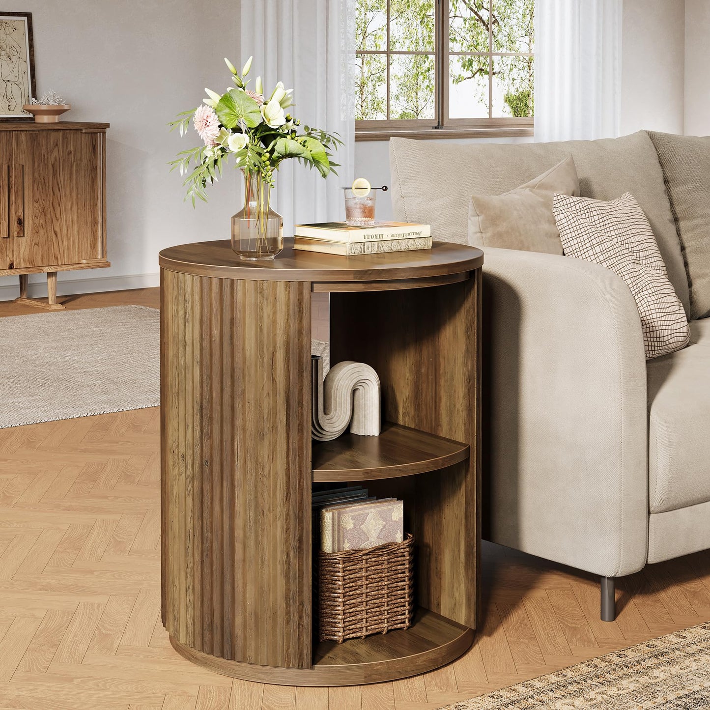 Tribesigns Round Fluted End Table, Farmhouse Round Side Table with 3-Tier Storage Shelf, Circle Bedside Nightstand for Living Room, Bedroom, Small Spaces, Rustic Brown