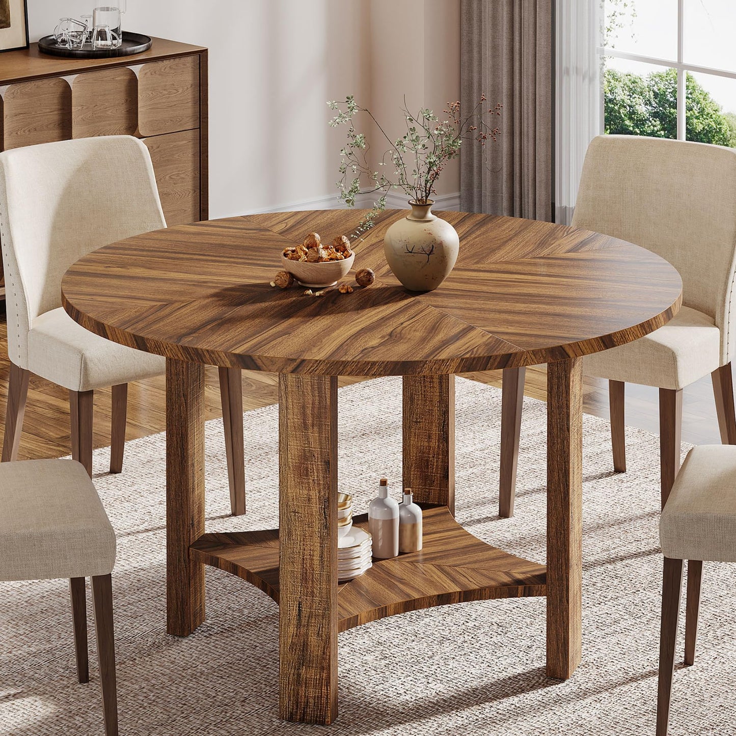 Tribesigns 47-Inch Round Dining Table for 4, Farmhouse Kitchen Table with Storage Shelf, Wooden Circle Dinner Table for Dining Room, Living Room, Small Spaces (Walnut)