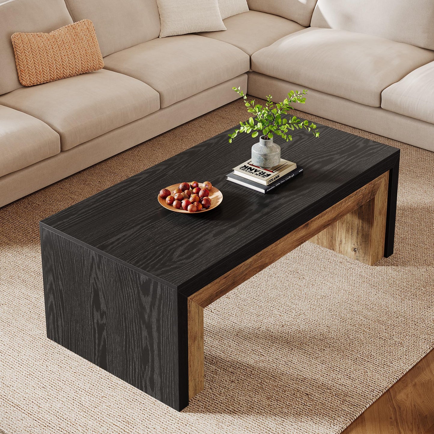 Tribesigns Farmhouse Coffee Table for Living Room, Mid-Century Modern Coffee Table with Sturdy Base, Large Rectangle Accent Center for Apartment, Easy Assembly (Black & Walnut)