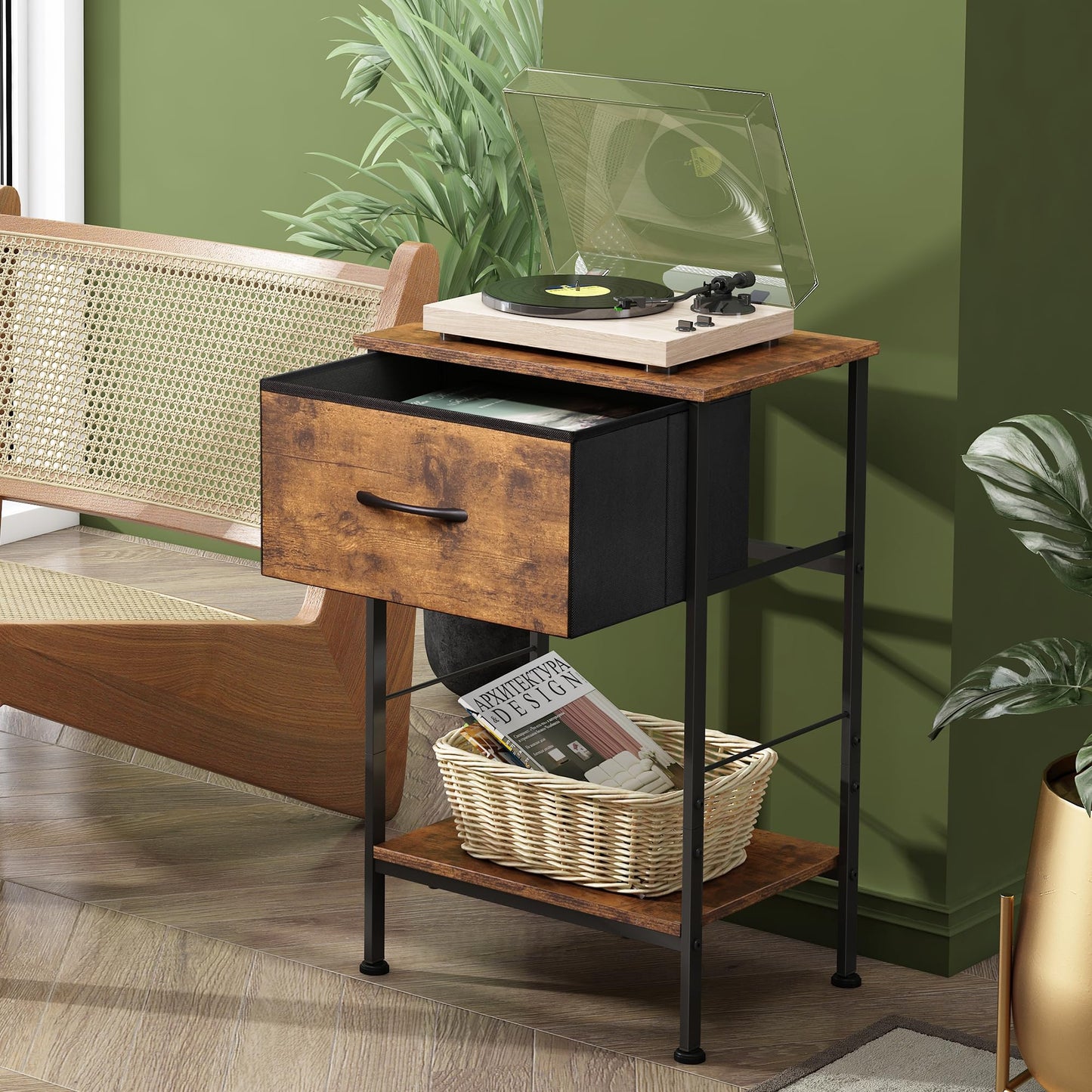 WLIVE Nightstand Set of 2, End Table with Fabric Storage Drawer and Open Wood Shelf, Bedside Furniture with Steel Frame, Side Table for Bedroom, Dorm, Rustic Brown Wood Grain Print, 25.03" Height