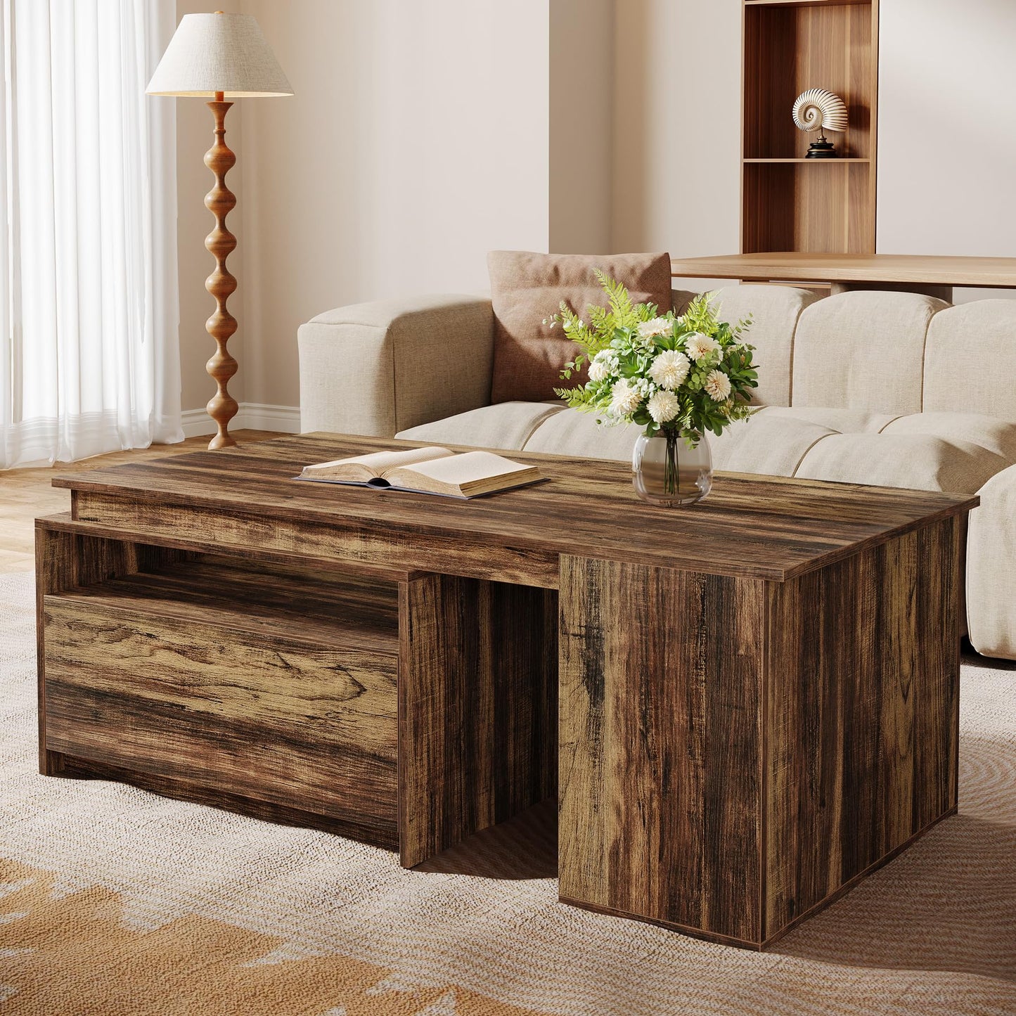 Tribesigns Extendable Coffee Table, 47"-70" Length Wooden Center Table with Drawer, Reversible Farmhouse Cocktail Table with Storage for Living Room, Rustic Brown