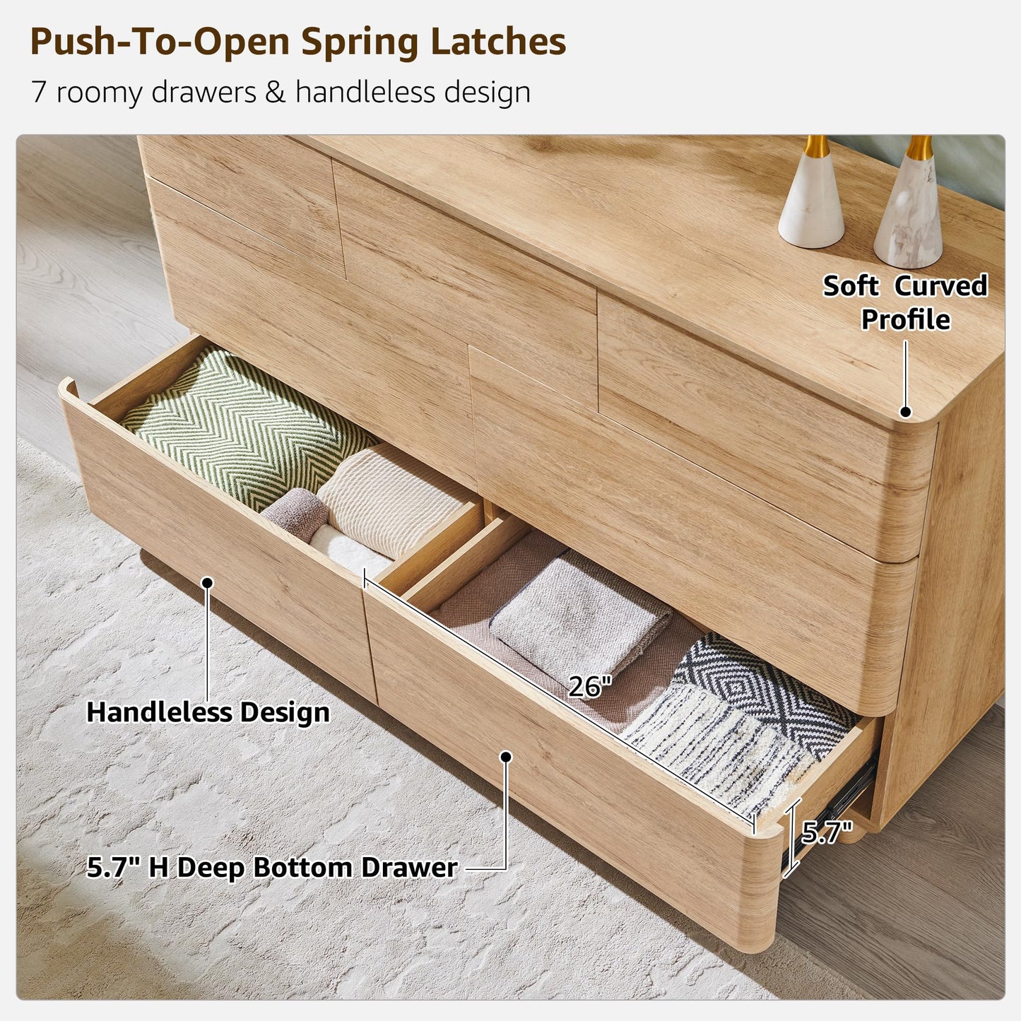 ACCOHOHO Modern 7 Drawer Dresser for Bedroom, 52" Wide Handleless Chest of Drawers, Push-to-Open Large Wood Storage, Dresser TV Stand for Bedroom, Living Room, Hallway, Curved Profile, Natural Oak