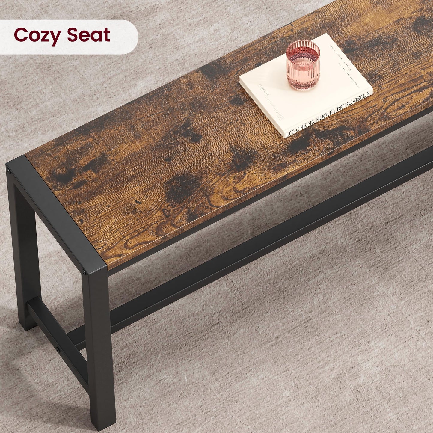 GarveeHome Dining Table Set for 4, Kitchen Table with 2 Metal Wood Benches, Rectangular Room Dining Table Set, 3 Piece Bench Table Set for Small Space, Apartment, Studio, Rustic Brown