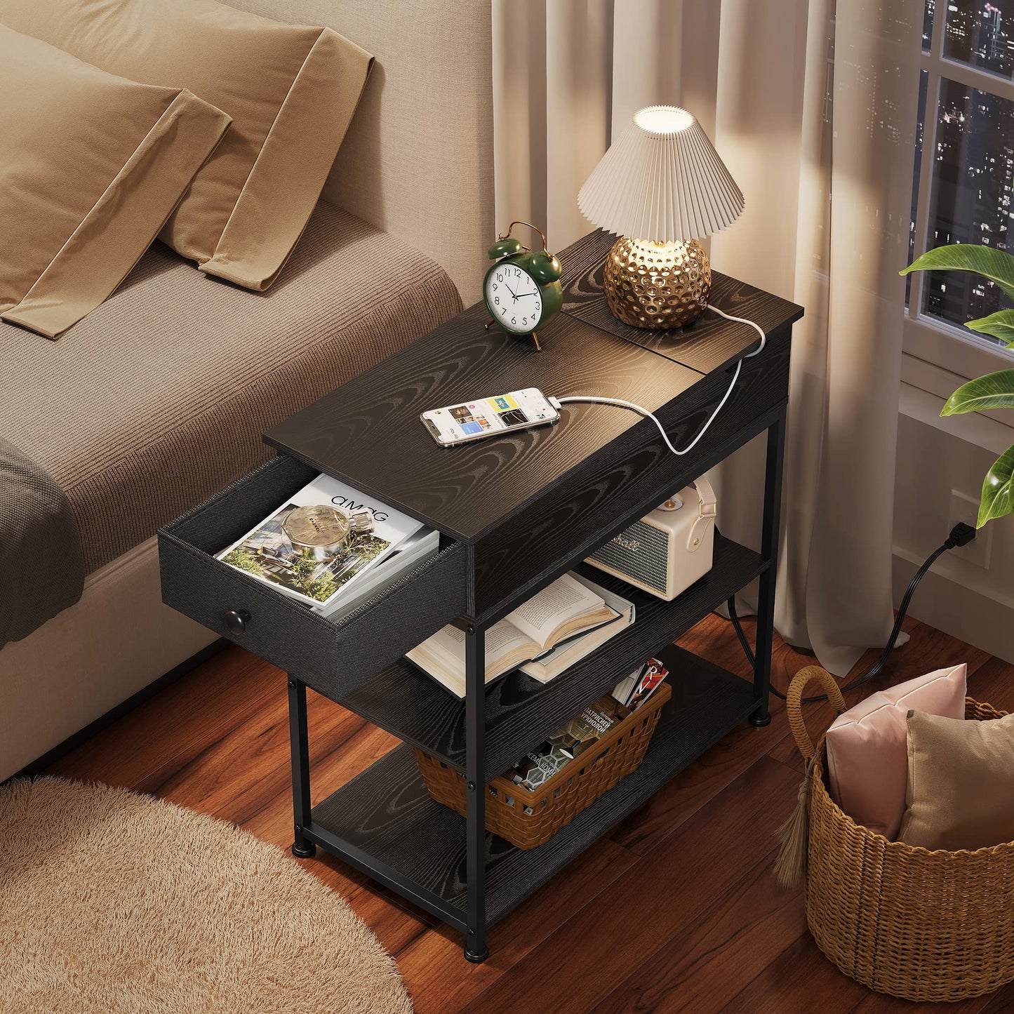 WLIVE Narrow Side Table with 2 USB Ports and 2 Outlets, Flip Top End Table with Drawer and Storage Shelves, End Stand with Charging Station for Living Room, Bedroom, Small Spaces,Black