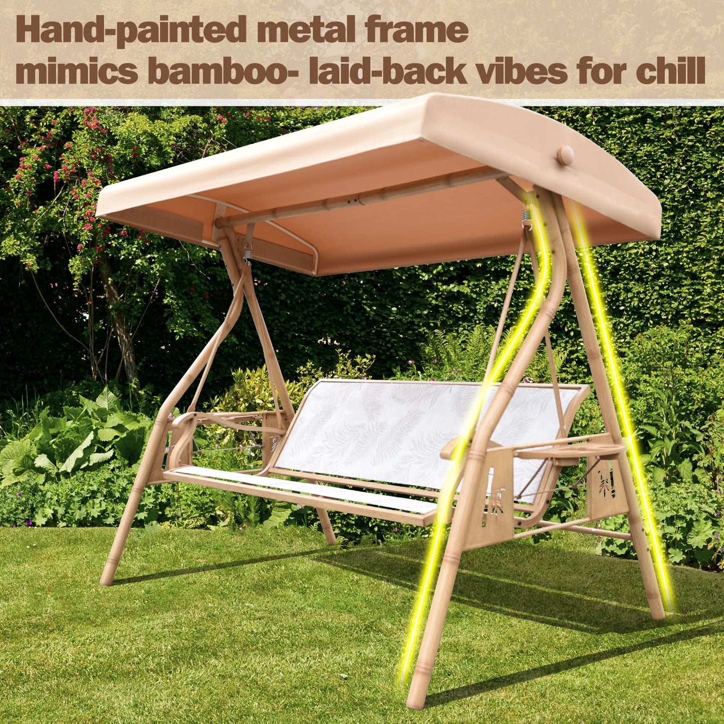 ZZW 3 Person Patio Swing Outdoor Swing for Adults with Adjustable Canopy &Upgraded Cup Holders Textilene Fabric Porch Swing Chair with Stand Heavy Duty 800 LBS