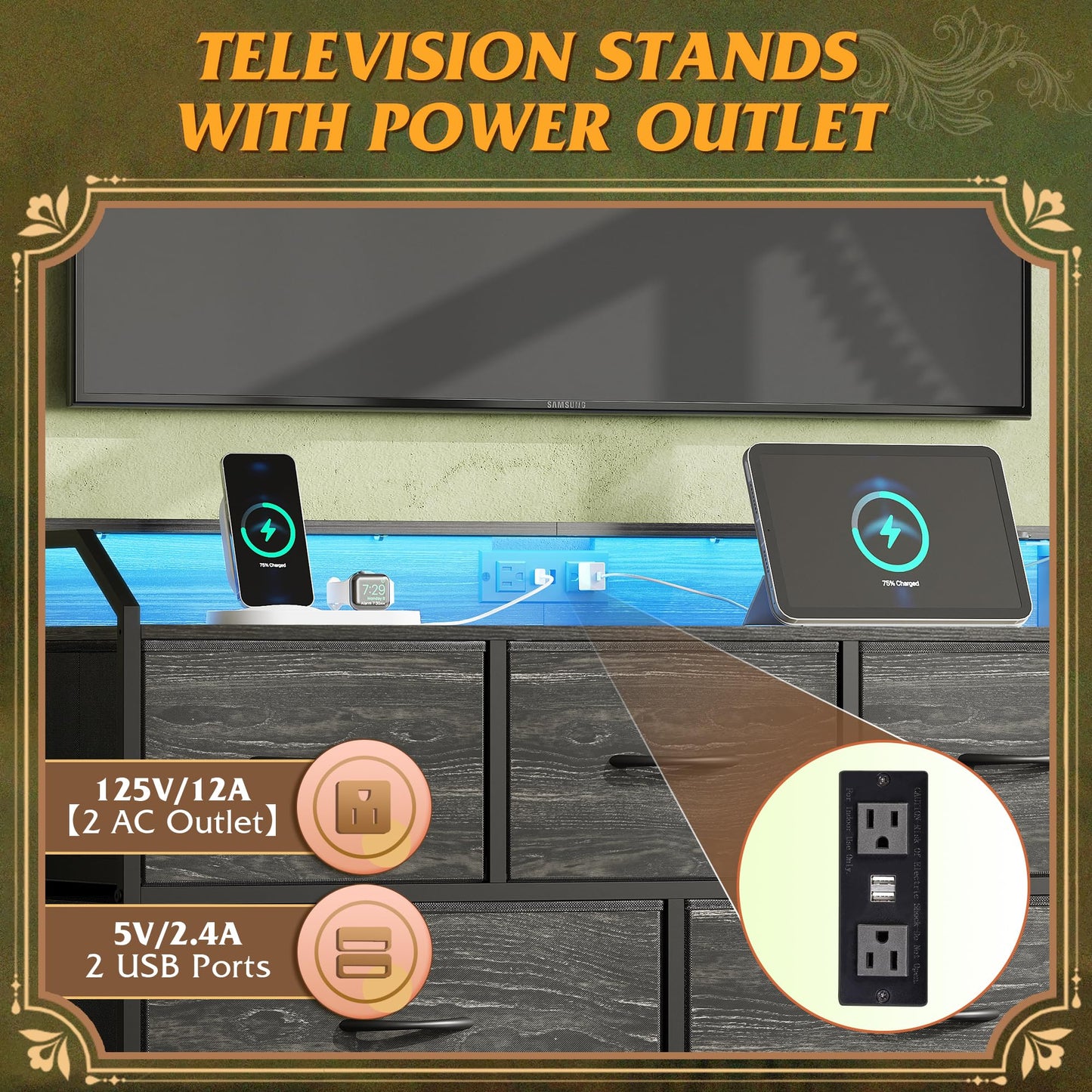 WLIVE Led Dresser for Bedroom, TV Stand for Bedroom with LED Lights and Power Outlet, Wide Chest of Drawers for Hallway, 8 Fabric Drawers for Living Room and Entryway, Charcoal Black Wood Grain Print