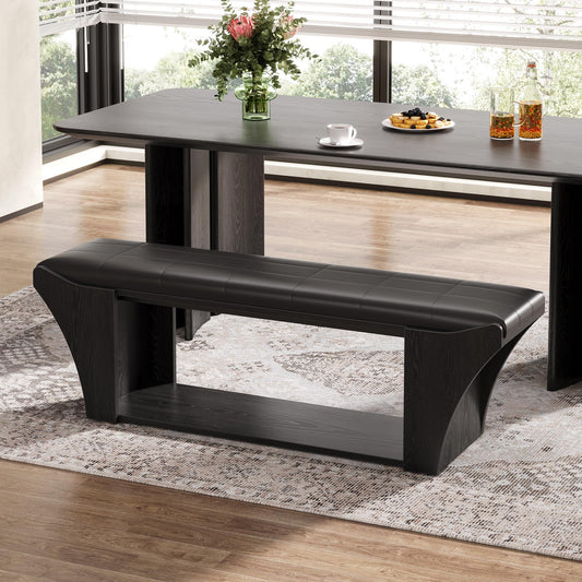 Tribesigns 59" Long Dining Room Bench for 2 to 3, Modern Black Kitchen Benches Upholstered Stools with Leather Padded Seat and Open Storage Shelf for Indoor Use