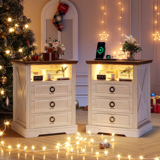TAGELIER Nightstand Set 2 with Charging Station, Farmhouse End Side Table with 3 Drawers and Open Storage, Smart Bedside Table with LED Light & Human Sensor for Bedroom, Living Room,White,Chest