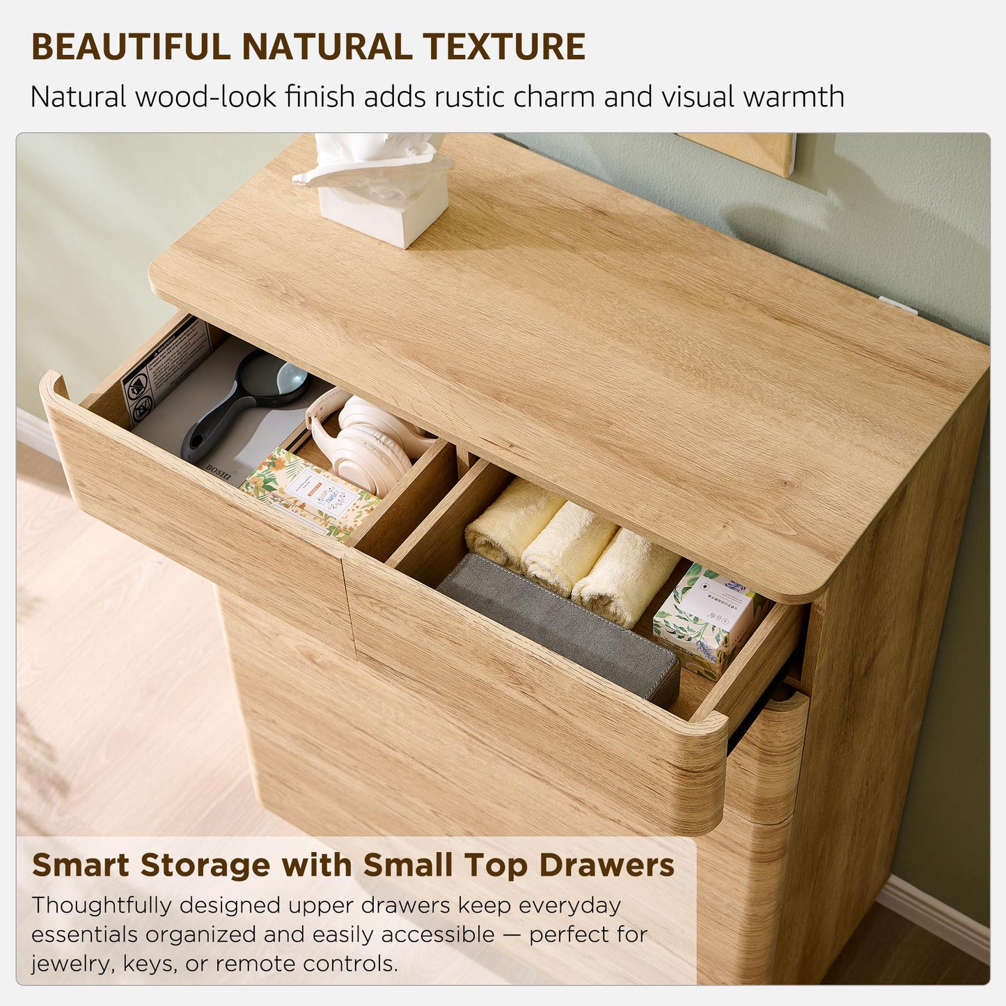 ACCOHOHO 6 Drawer Dresser for Bedroom, 42 Inch Tall Modern Chest of Drawers, Push-to-Open Wood Storgae Organizer with Large Drawers for Bedroom, Living Room, Hallway, Natural Oak