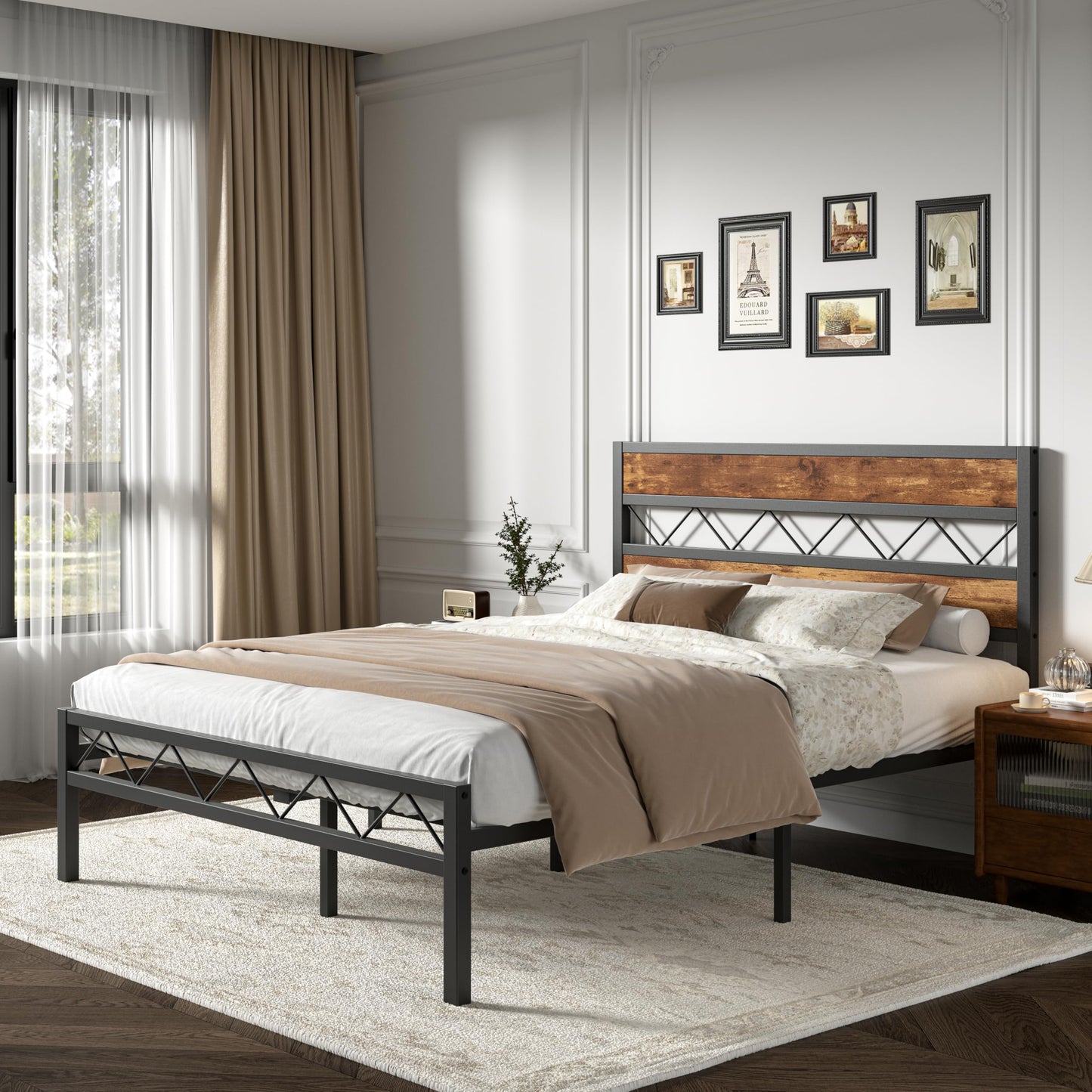 VECELO Full Size Bed Frame with Headboard, Heavy-Duty Platform Bedframe with Metal Slats Support, No Box Spring Needed, Easy Assembly, Black & Brown