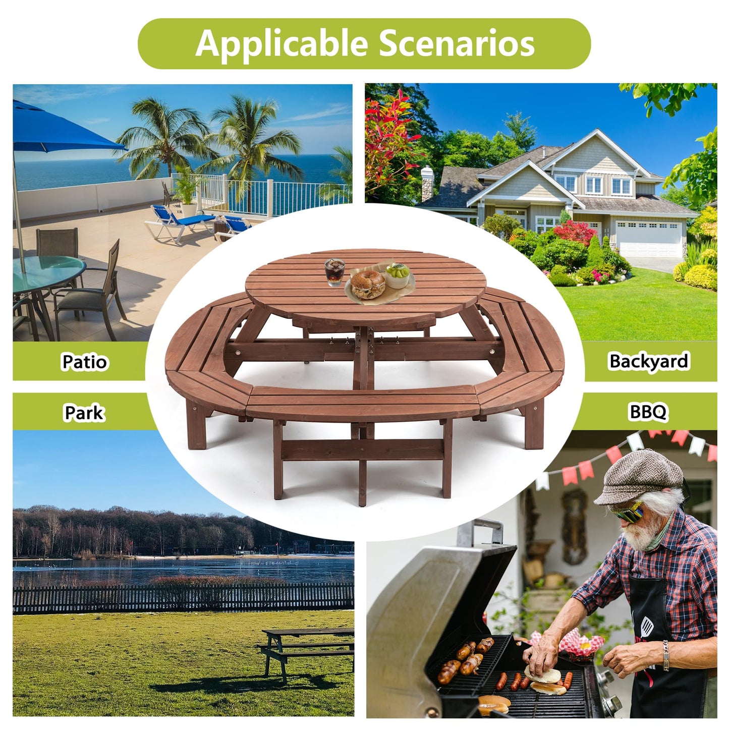 RocVanc 8-12 Person Outdoor Round Wooden Picnic Table with 8 Built-in Benches, Umbrella Hole, Lifetime Outside Table and Bench Set for Garden, Backyard, Porch, Patio and Deck