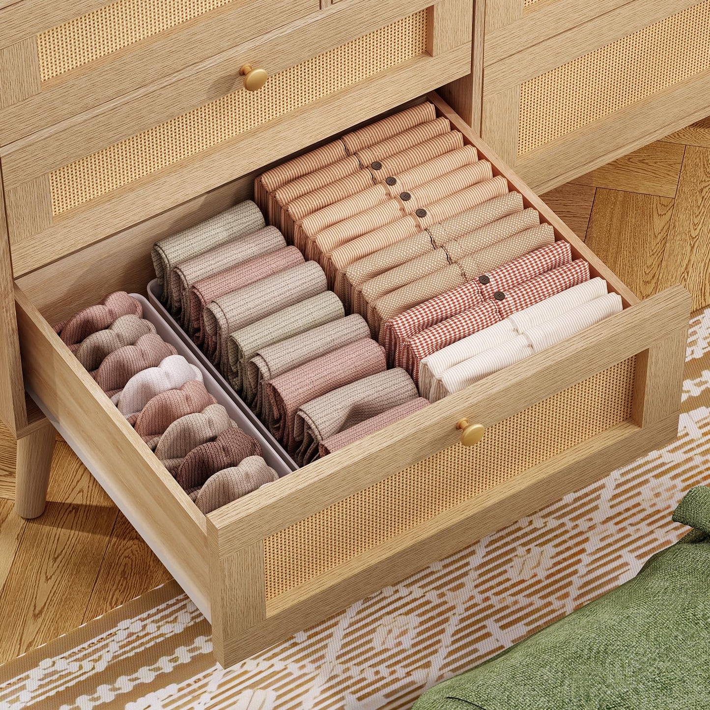 TEENFON 47.2''Wide 7 Drawer Rattan Dresser, Boho Dresser for Bedroom, Chest of Drawers, Closet Organizer, Natural Wood Dressers Chest for Bedroom, Living Room, Entryway, Natural