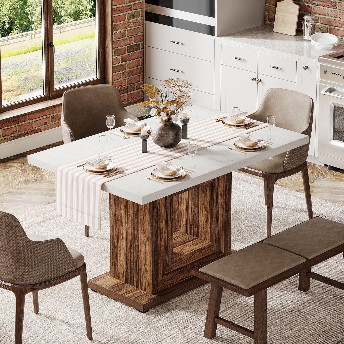 Tribesigns 47-Inch Farmhouse Dining Table for 4, White Kitchen Dinner Table with Heavy Duty Pedestal, Rustic Wooden Eating Table for Home, Dining Room, Small Space, White & Brown