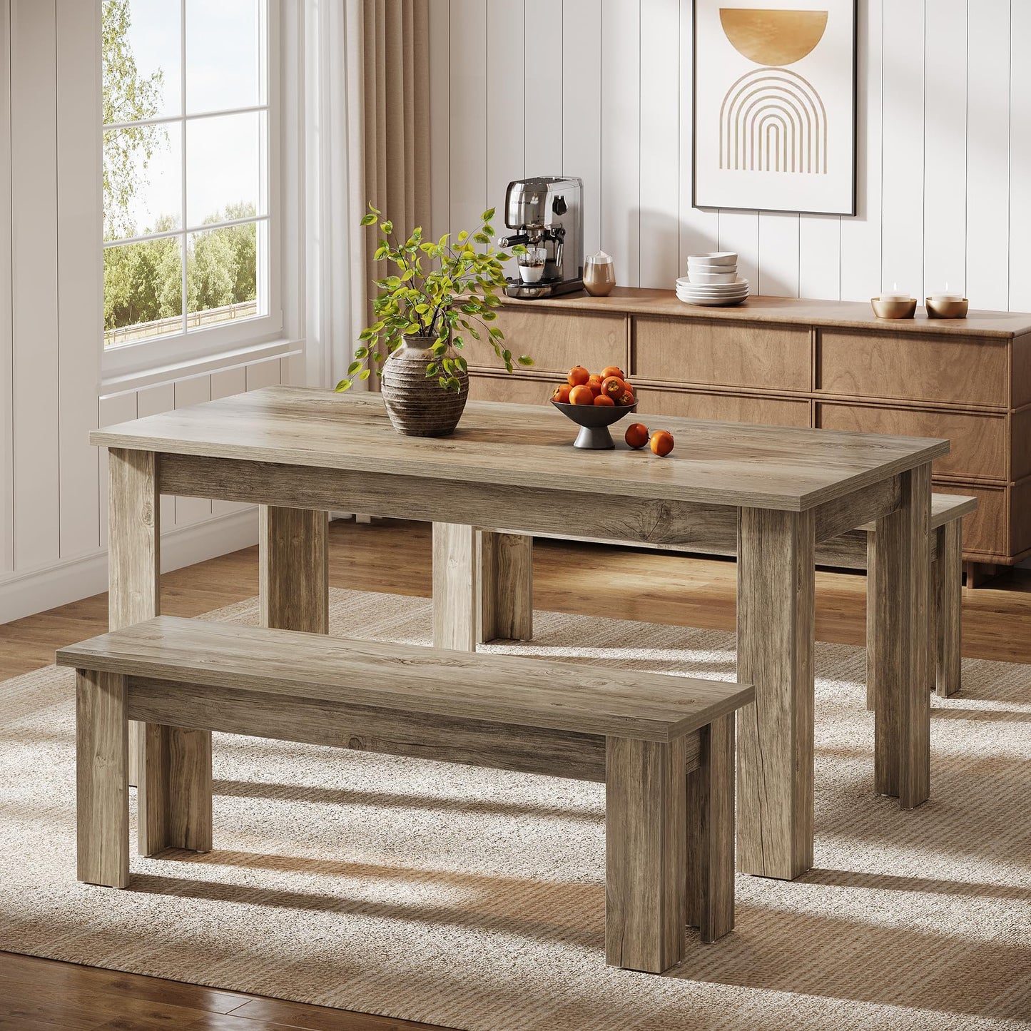 Tribesigns Dining Table Set for 6, 55.1-Inch Rectangle Kitchen Table with 2 Benches, 3-Piece Wooden Dining Room Table Set for Kitchen