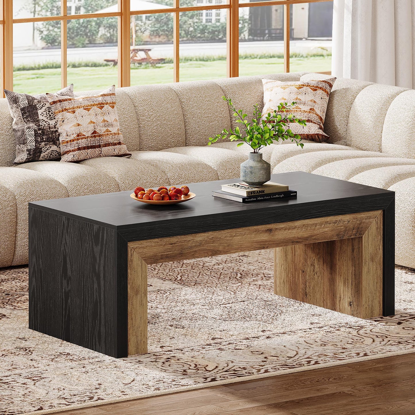 Tribesigns Farmhouse Coffee Table for Living Room, Mid-Century Modern Coffee Table with Sturdy Base, Large Rectangle Accent Center for Apartment, Easy Assembly (Black & Walnut)