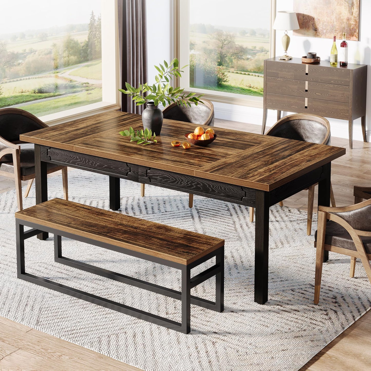 Tribesigns 63-inch Farmhouse Dining Table for 4-6, Rectangular Dining Room Table with Sturdy Legs, Modern Kitchen Dinner Furniture for Dining Room, Living Room, Kitchen, Rustic Brown & Black