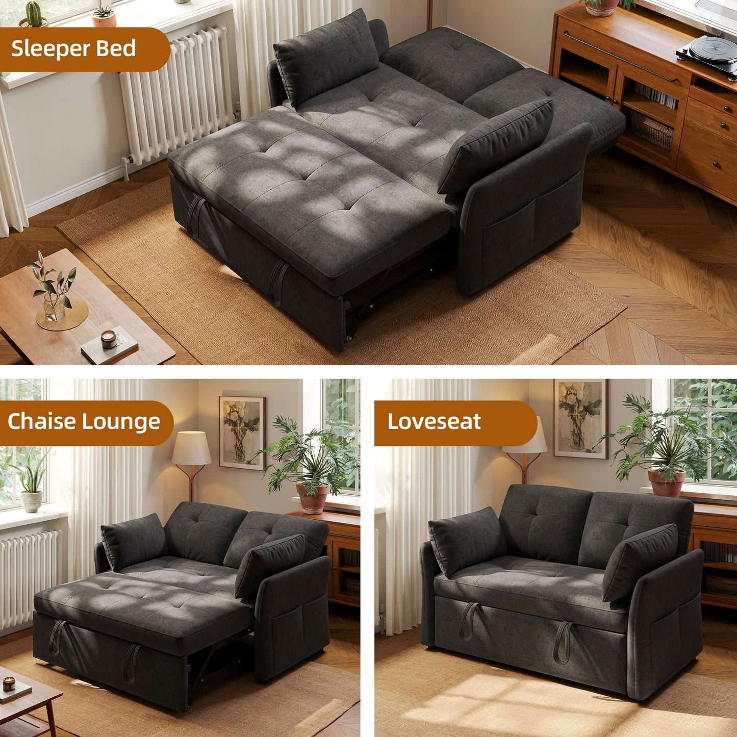 DEYGIA 3 in 1 Convertible Sleeper Sofa Bed, 53" Pull Out Couch with Adjustable Backrest,Storage Pockets and Toolless Assembly. Futon Couch for Living Room, Bedroom. (Black)