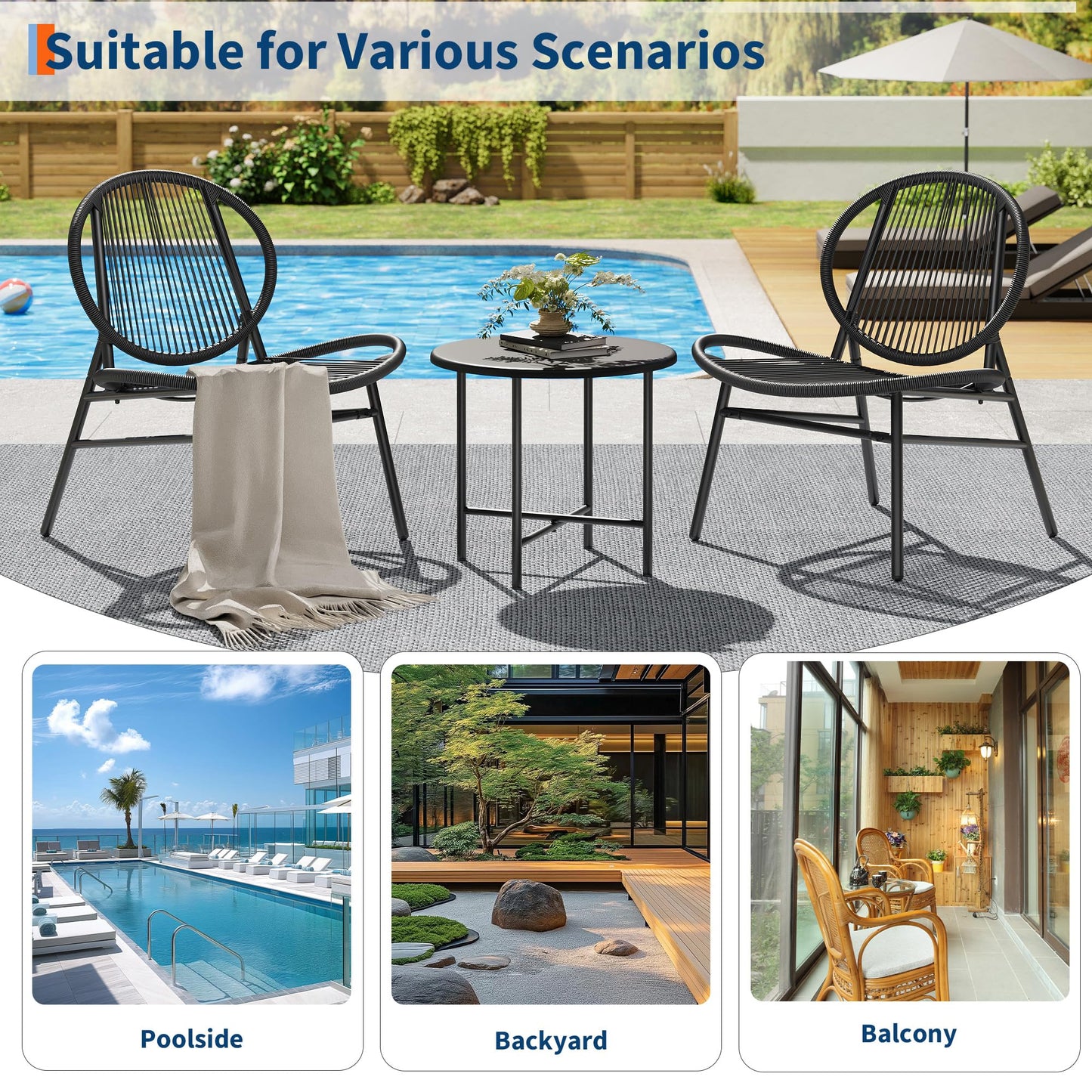 3 Piece Patio Bistro Set, Outdoor Seating Acapulco Chairs, All Weather Modern Patio Chairs Set of 2 with Side Table, Small Patio Conversation Bistro Set for Garden, Backyard, Balcony, Porch, Black