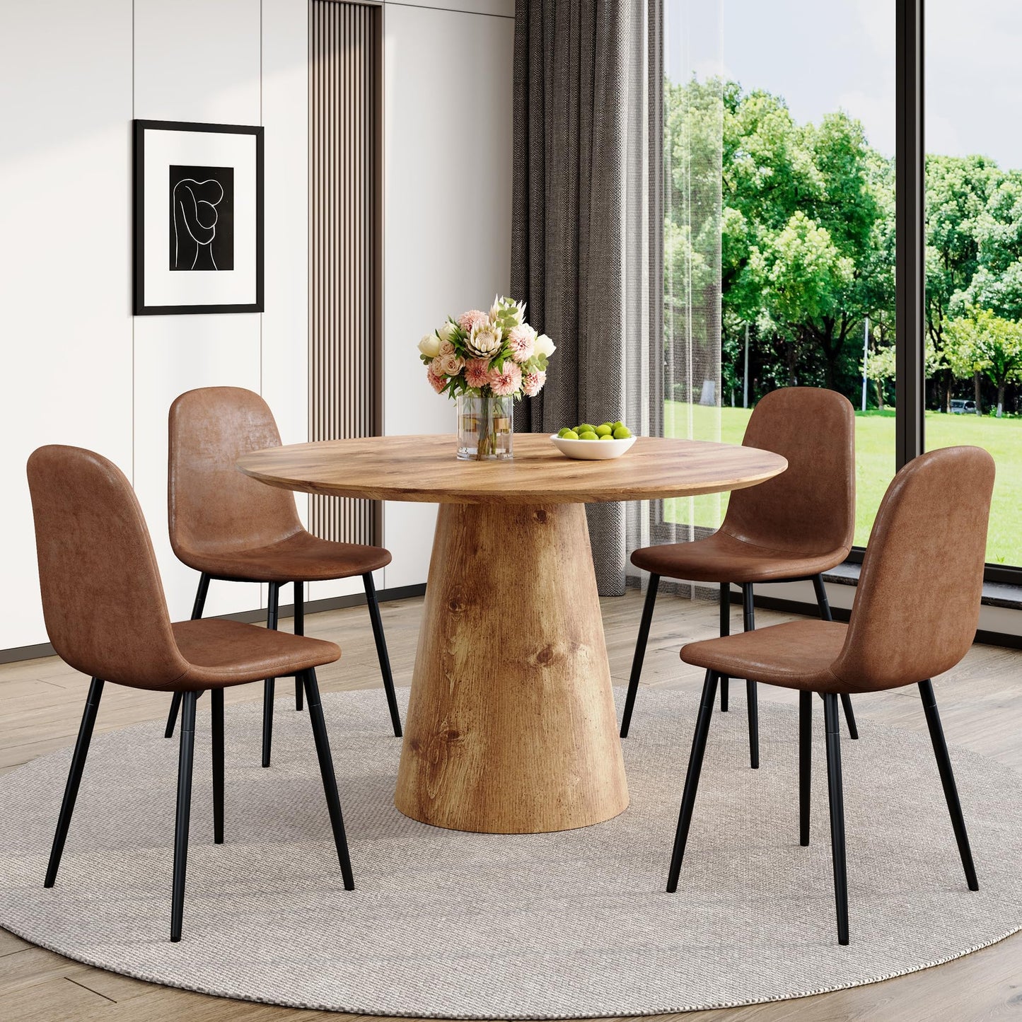 Vohuai Round Dining Table Set for 4,45'' Farmhouse Dining Room Table Set for 4 with Suede Chairs,1" Thick Wood Pattern Tabletop with Conical Base,Round Kitchen Table Set for Dining Room,Apartment