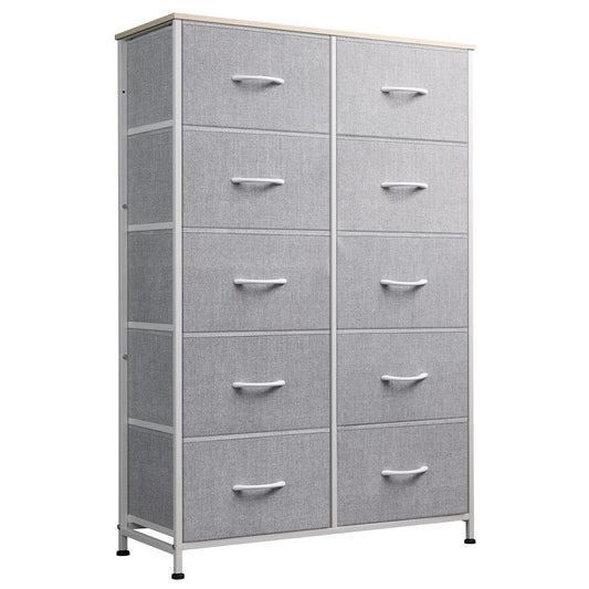 WLIVE Tall Dresser for Bedroom with 10 Drawers, Chest of Drawers, Dressers Bedroom Furniture, Storage Organizer Unit with Fabric Bins for Closet, Hallway, Living Room, Entryway, Light Grey