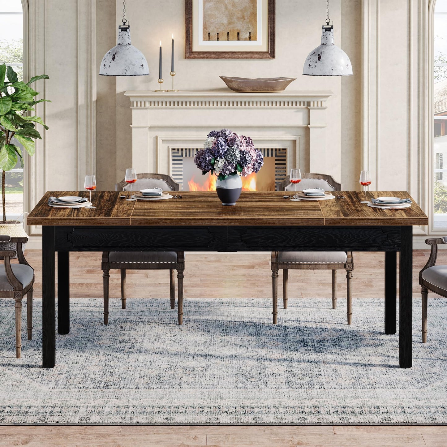 Tribesigns 63-inch Farmhouse Dining Table for 4-6, Rectangular Dining Room Table with Sturdy Legs, Modern Kitchen Dinner Furniture for Dining Room, Living Room, Kitchen, Rustic Brown & Black