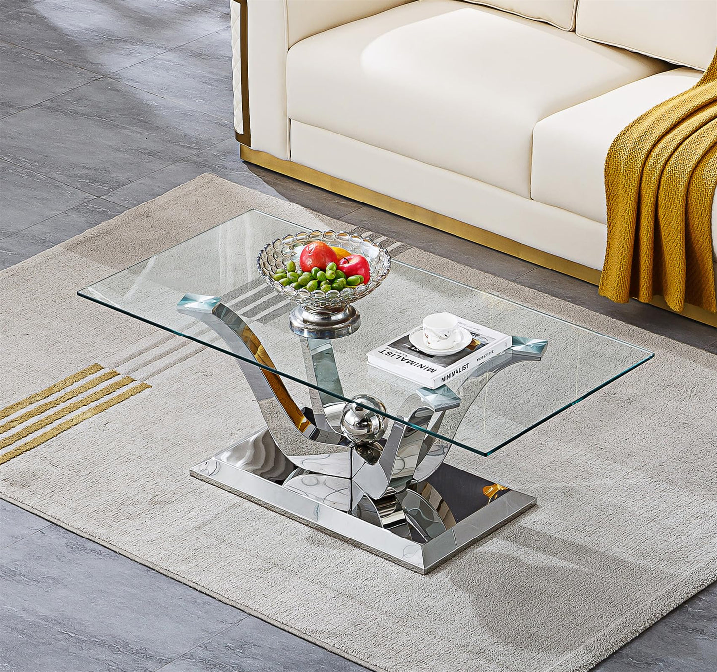 47" Glass Coffee Table, Modern Silver Cofee Table Living Room Table with Gorgeous Mirrored Stainless Steel Base,Luxury Rectangular Center Coffee Tables for Living Room,Apartment,Office