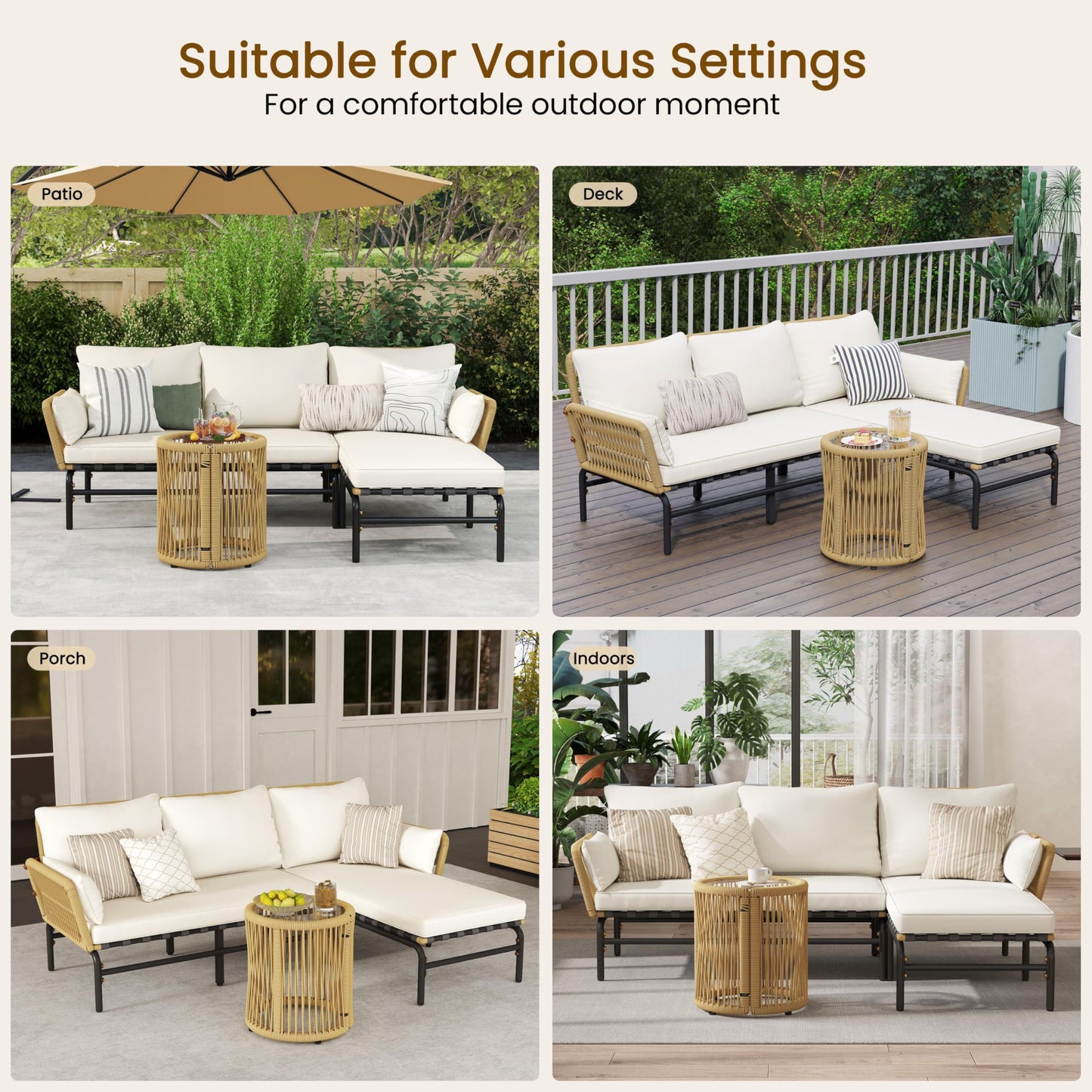 Yaheetech 3 Pieces L-Shaped Conversation Sofa Set, Outdoor Patio Furniture Set w/Detachable Lounger, Thick Cushions, Glass Side Table for Patio, Backyard, Porch, Garden