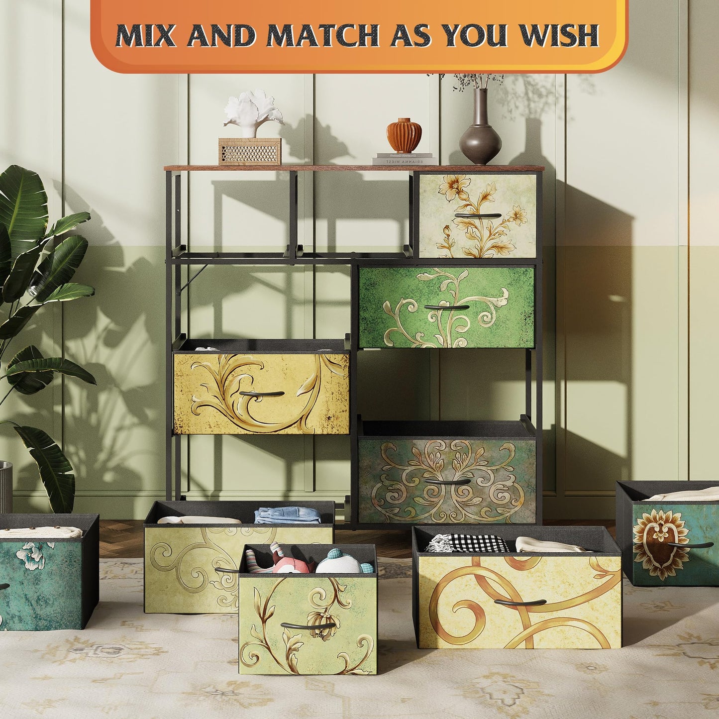 WLIVE 9-Drawer Dresser, Fabric Storage Tower for Bedroom, Hallway, Entryway, Closet, Tall Chest Organizer Unit with Fabric Bins, Steel Frame, Wood Top, Easy Pull Handle, Floral Painted