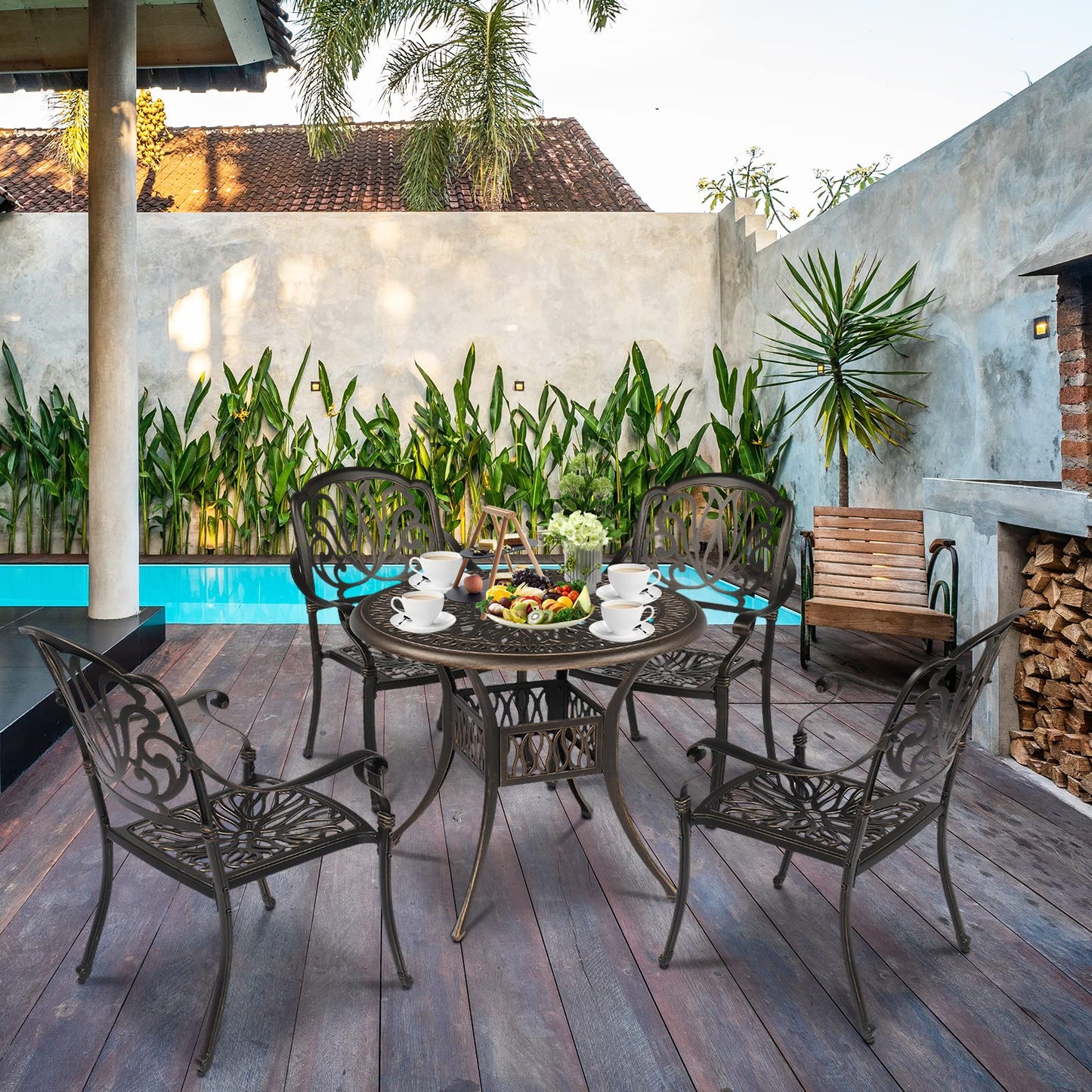 VINGLI Outdoor Dining Chairs Set of 2 Aluminum Patio Chairs, Cast Aluminum Patio Furniture Aluminum Outdoor Chairs for Backyard, Poolside, Balcony Bronze (2, Elizabeth Back Without Cushion)