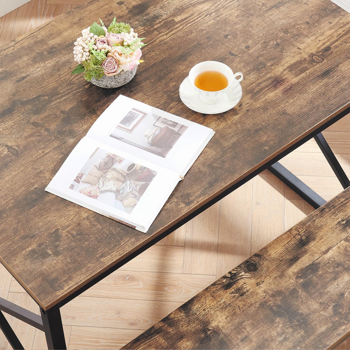 VECELO Kitchen Table with 2 Benches for 4, Wood Dining Room Dinette Sets for Breakfast Nook and Small Space, Brown