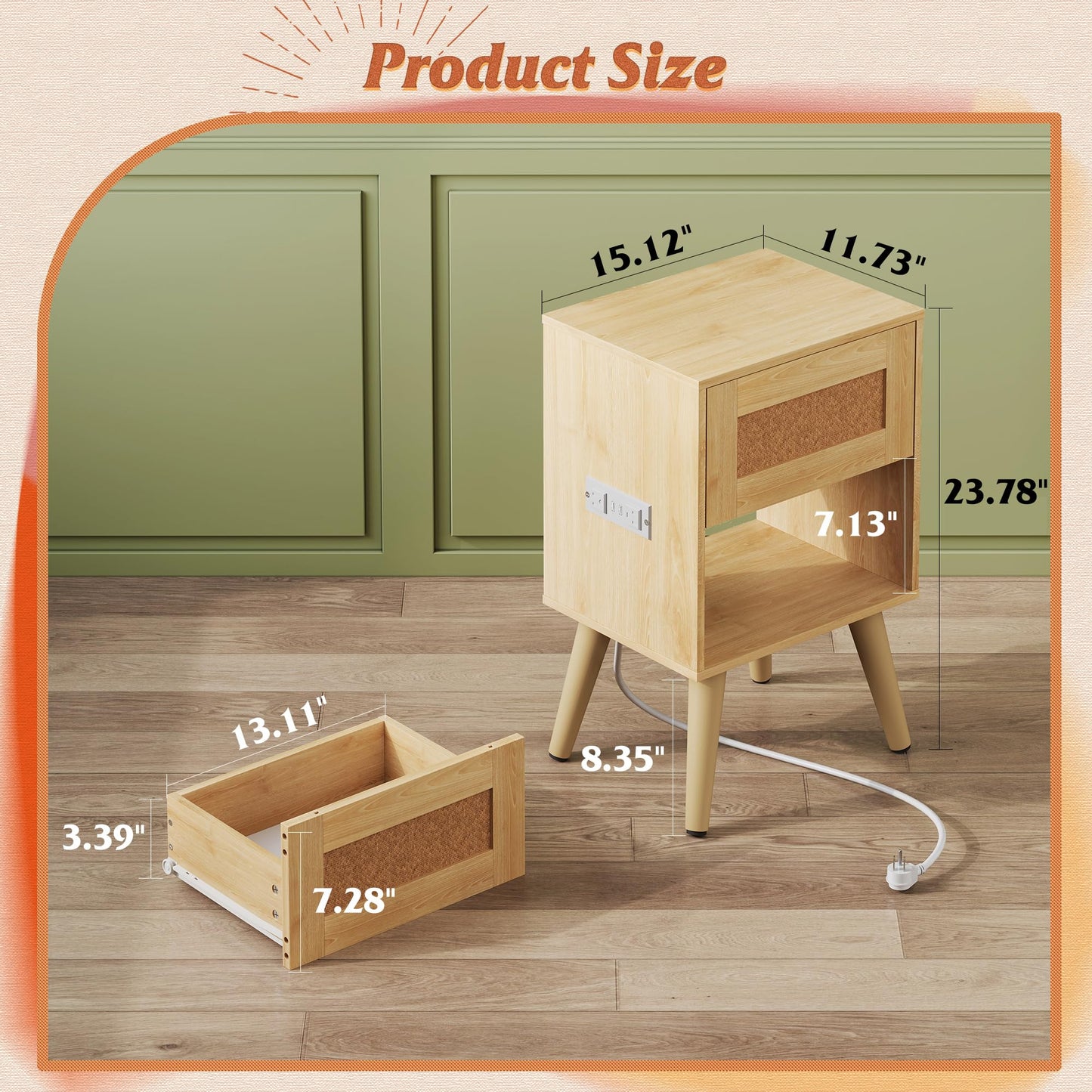 WLIVE Rattan Nightstand with Charging Station, Boho Night Stand, Small Bedroom Side Table, End Table with Drawer and Storage, Wood Bedside Tables for Bedroom, Small Spaces, Natural Oak